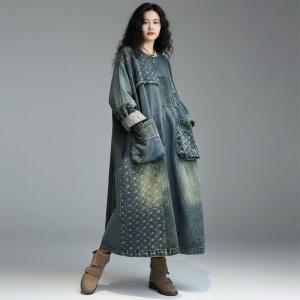 Fringed Patchwork Pockets Denim Loose Dress