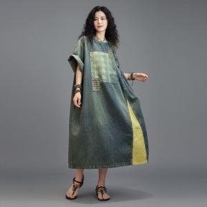 Yellow Plaid Patchwork Denim Shift Dress