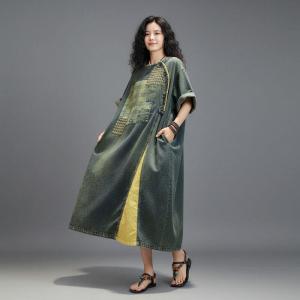 Yellow Plaid Patchwork Denim Shift Dress