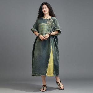 Yellow Plaid Patchwork Denim Shift Dress