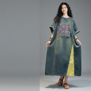 Pink Embroidery Contrast Colors Oversized Jean Dress