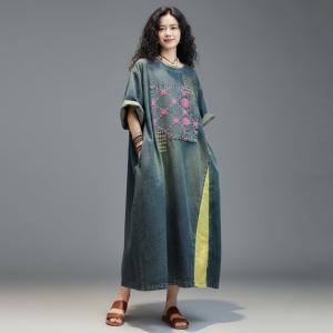 Pink Embroidery Contrast Colors Oversized Jean Dress