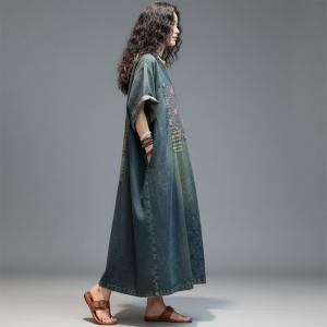 Pink Embroidery Contrast Colors Oversized Jean Dress