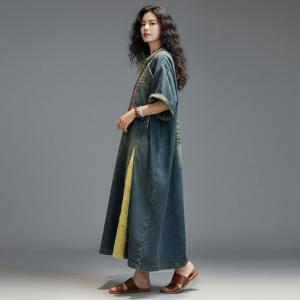 Pink Embroidery Contrast Colors Oversized Jean Dress