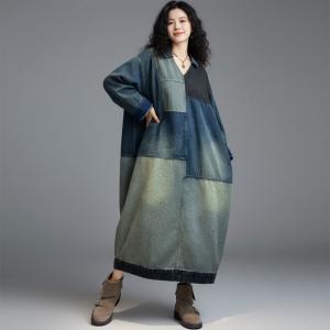 Blue Contrast Patchwork Denim Polo Dress