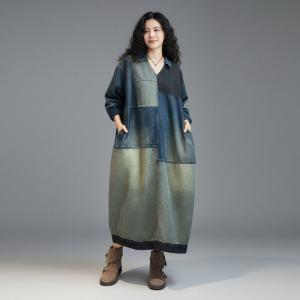 Blue Contrast Patchwork Denim Polo Dress