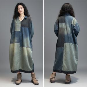Blue Contrast Patchwork Denim Polo Dress