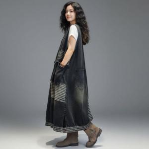 Red Plaid Patchwork Flap Pockets Denim Vest Dress