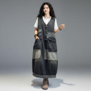 Red Plaid Patchwork Flap Pockets Denim Vest Dress