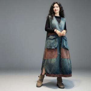 Red Plaid Patchwork Flap Pockets Denim Vest Dress