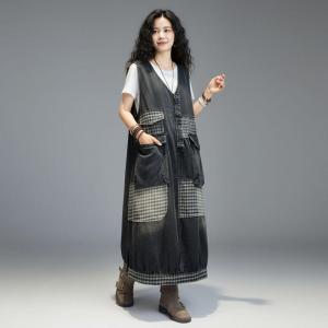Red Plaid Patchwork Flap Pockets Denim Vest Dress