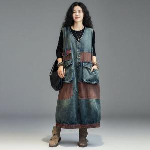 Red Plaid Patchwork Flap Pockets Denim Vest Dress