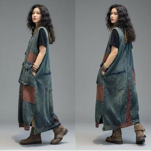 Red Plaid Patchwork Flap Pockets Denim Vest Dress