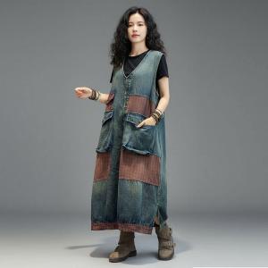 Red Plaid Patchwork Flap Pockets Denim Vest Dress