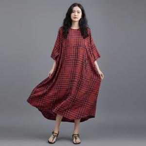 Loose-Fit Cotton Linen Classic Gingham Dress