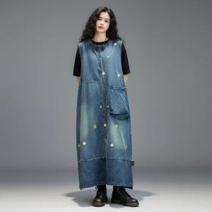 Big Pockets Yellow Dots Embroidery Denim Sundress