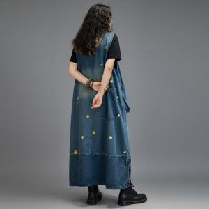 Big Pockets Yellow Dots Embroidery Denim Sundress