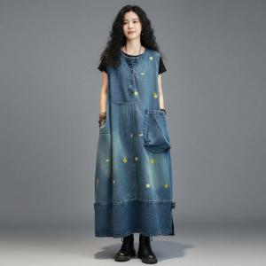 Big Pockets Yellow Dots Embroidery Denim Sundress