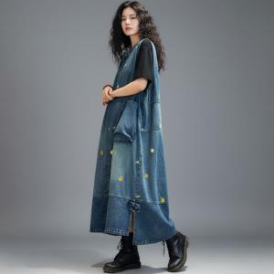 Big Pockets Yellow Dots Embroidery Denim Sundress