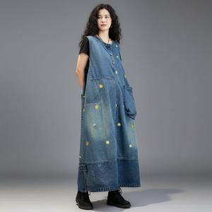 Big Pockets Yellow Dots Embroidery Denim Sundress