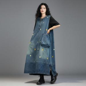 Big Pockets Yellow Dots Embroidery Denim Sundress