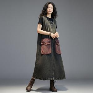 Contrast Colored Pockets Loose Jean Vest Dress