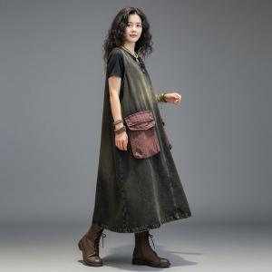 Contrast Colored Pockets Loose Jean Vest Dress
