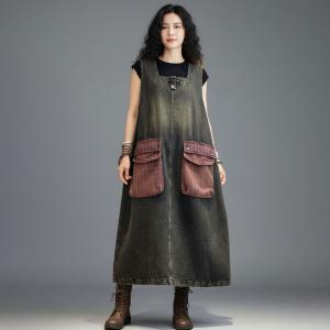 Contrast Colored Pockets Loose Jean Vest Dress