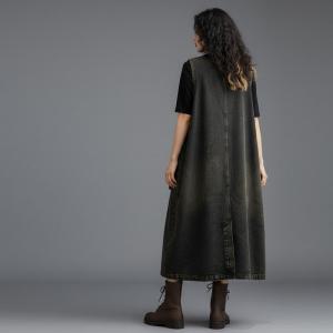 Contrast Colored Pockets Loose Jean Vest Dress