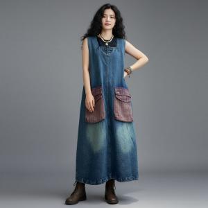 Contrast Colored Pockets Loose Jean Vest Dress