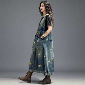 Cute Horse Embroidery V-Neck Denim Sleeveless Dress