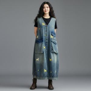 Cute Horse Embroidery V-Neck Denim Sleeveless Dress