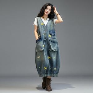 Cute Horse Embroidery V-Neck Denim Sleeveless Dress