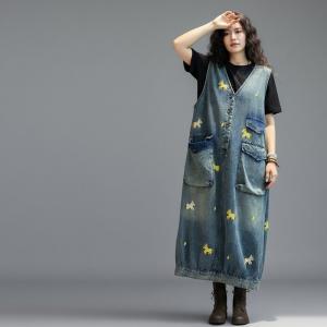 Cute Horse Embroidery V-Neck Denim Sleeveless Dress