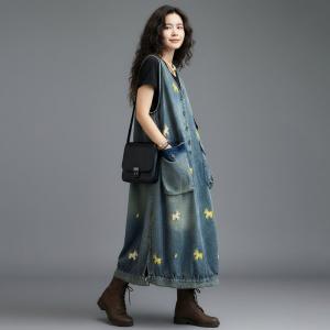 Cute Horse Embroidery V-Neck Denim Sleeveless Dress