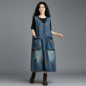 Y-Neck Front Pockets Leaf Embroidered Sundress