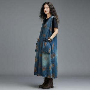 Y-Neck Front Pockets Leaf Embroidered Sundress