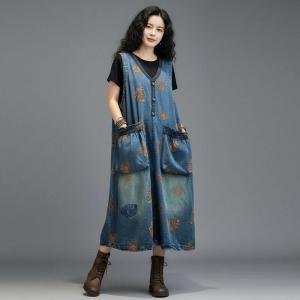 Y-Neck Front Pockets Leaf Embroidered Sundress