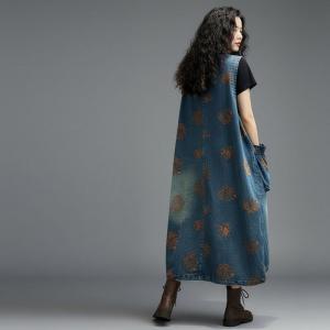Y-Neck Front Pockets Leaf Embroidered Sundress