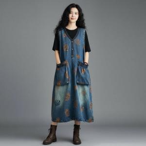 Y-Neck Front Pockets Leaf Embroidered Sundress