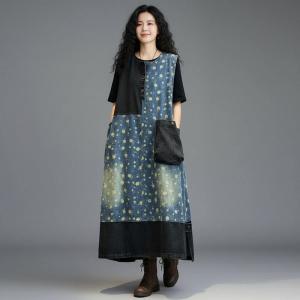 Blue and Black Loose Floral Summer Dress