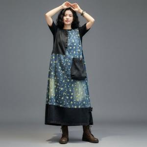 Blue and Black Loose Floral Summer Dress