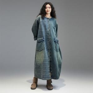 Striped Contrast Denim Oversized Jean Coat Dress