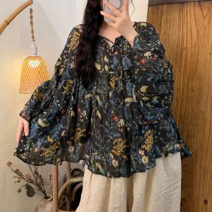 Flare Sleeves Ramie Printed Tied Blouse