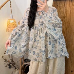 Flare Sleeves Ramie Printed Tied Blouse