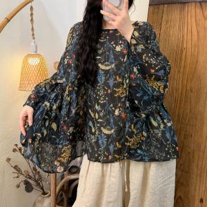 Flare Sleeves Ramie Printed Tied Blouse