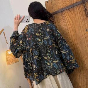 Flare Sleeves Ramie Printed Tied Blouse