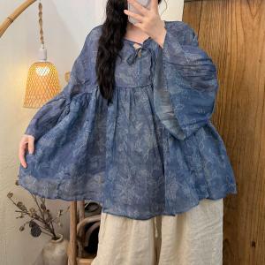 Flare Sleeves Ramie Printed Tied Blouse
