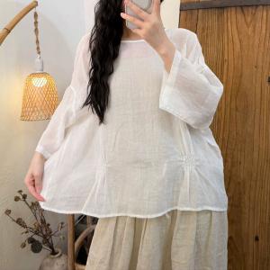 Pastel Hues Ramie Oversized Pleated Blouse