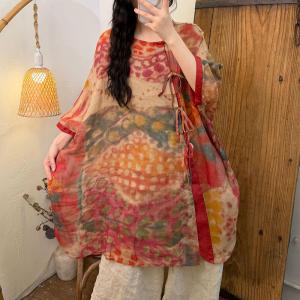 Bowknot Tied Printed Ramie Tunic